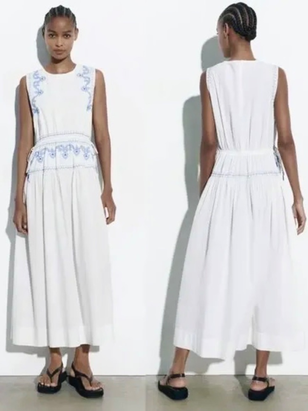 ZARA White Cotton Midi Dress w/ Blue Embroidery - M